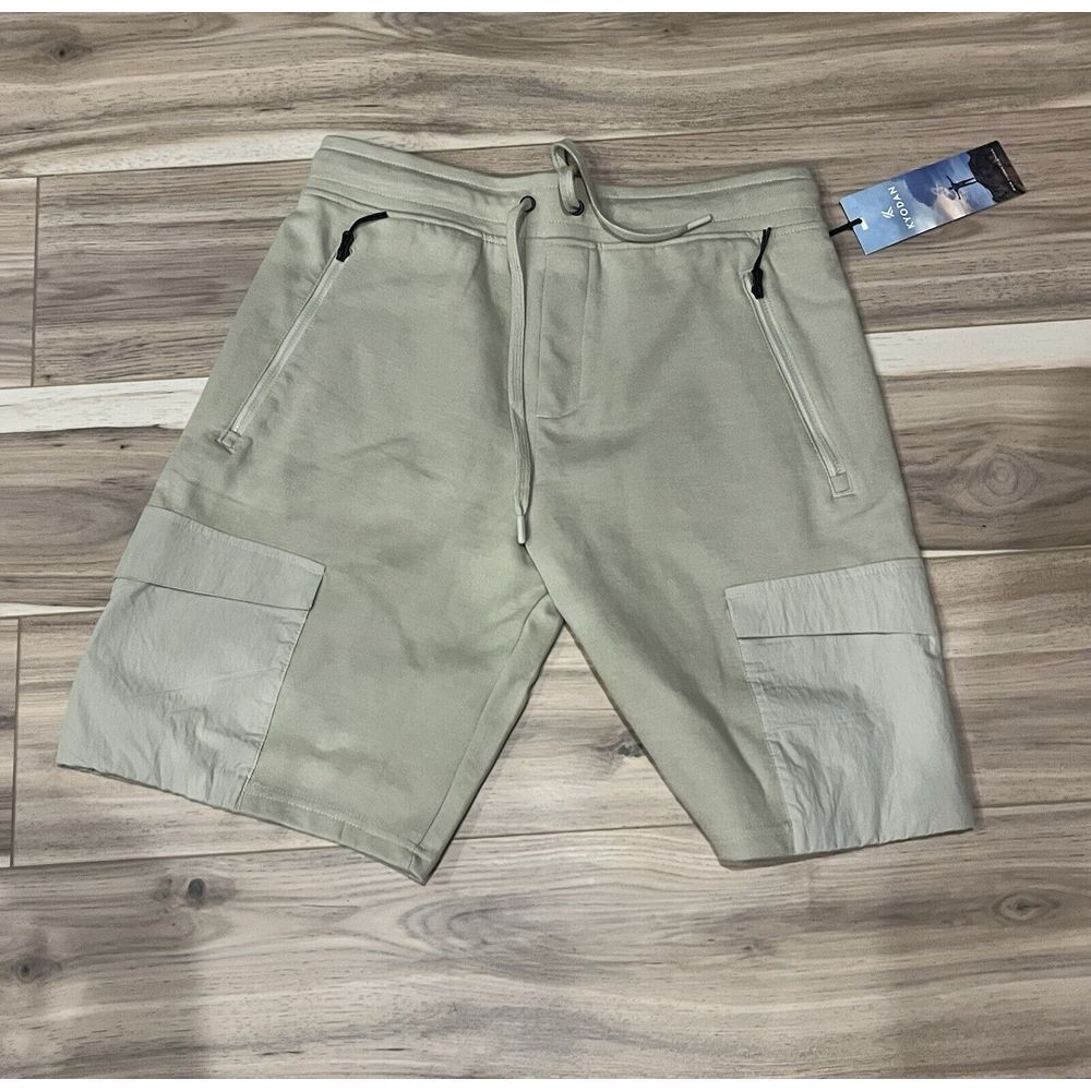 Kyodan‎ Mens Cargo Shorts Sage Green Mixed Media Zipper Pockets Drawstring Small